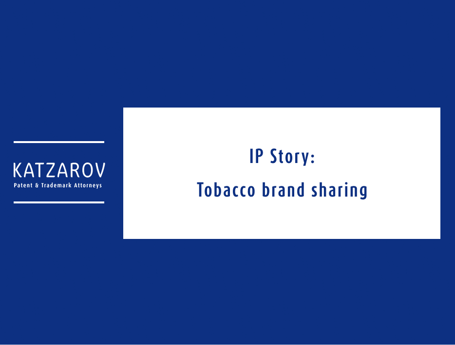 A presentation slide with a dark blue background and white text. The Katzarov logo is on the left, and the title "IP Story: Tobacco Brand Sharing" is centered within a white rectangular box.