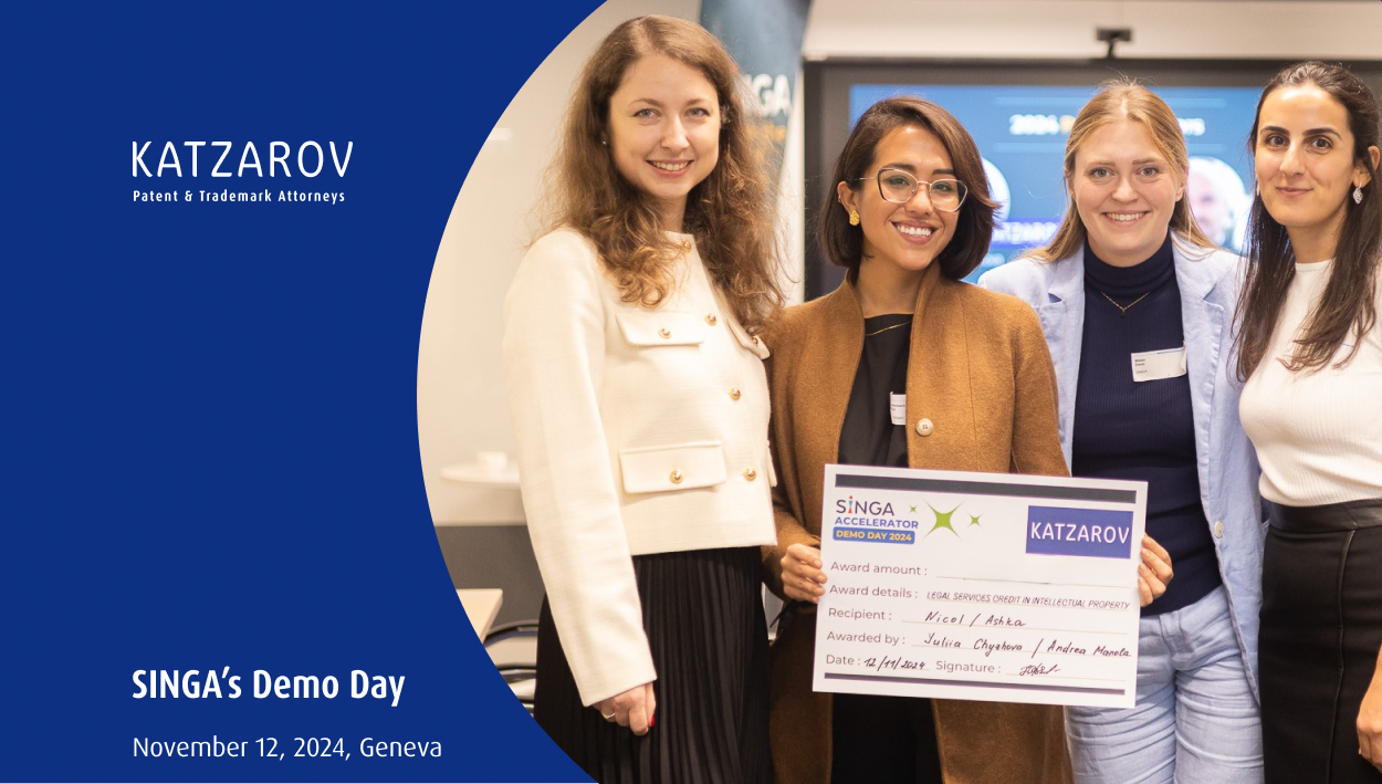 Four women posing at SINGA’s Demo Day 2024 in Geneva, with one holding a certificate awarded by Katzarov for legal services in intellectual property.