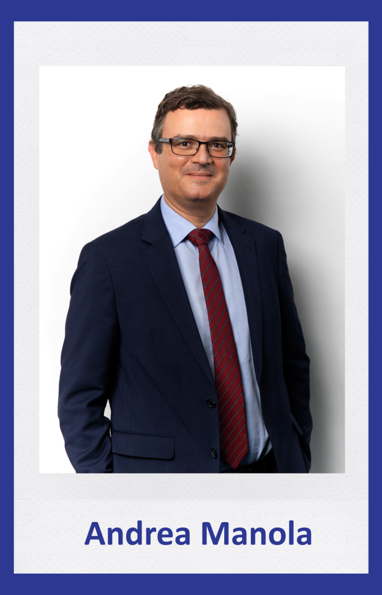 A professional portrait of Andrea Manola, wearing a navy suit and red tie, representing Katzarov SA.