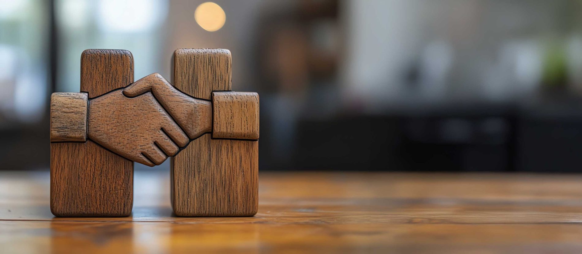 Two wooden figures shaking hands on a table, symbolizing agreement or resolution