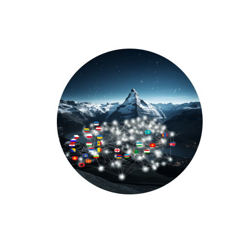 A digital network of interconnected country flags overlaid on a nighttime mountain landscape, symbolizing Katzarov’s global intellectual property network.