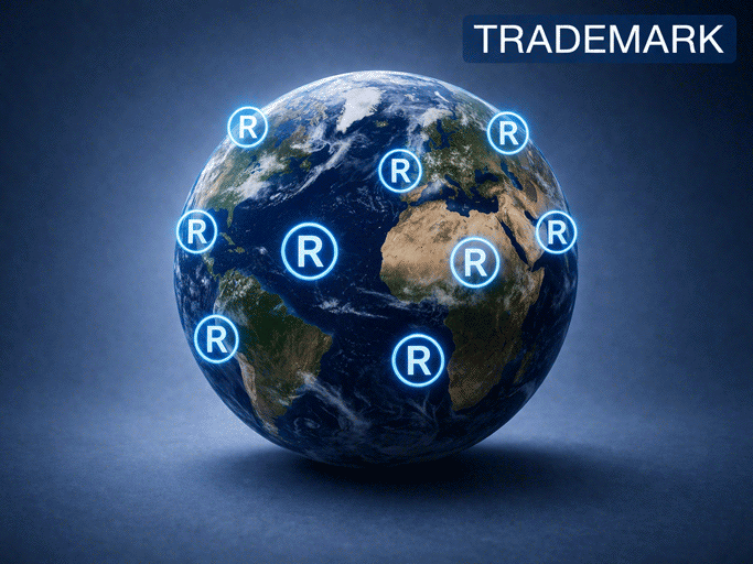 Globe surrounded by registered trademark symbols illustrating international trademark protection worldwide