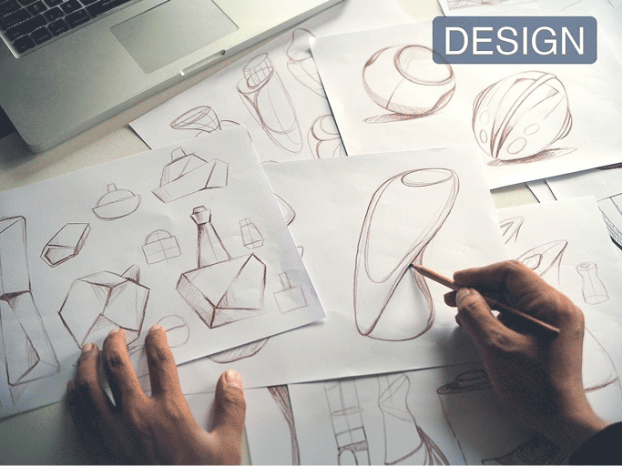 Designer sketching product design drawings by hand, with multiple industrial design drafts spread across a desk
