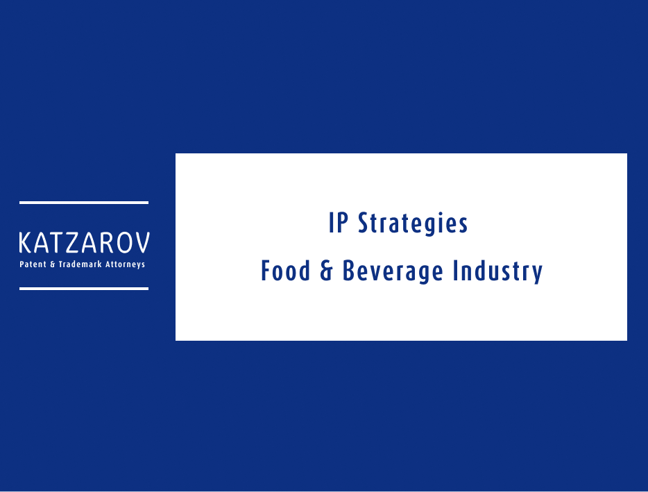 A presentation slide with a dark blue background and white text. The Katzarov logo is on the left, and the title "IP Strategies Food & Beverage Industry" is centered within a white rectangular box.