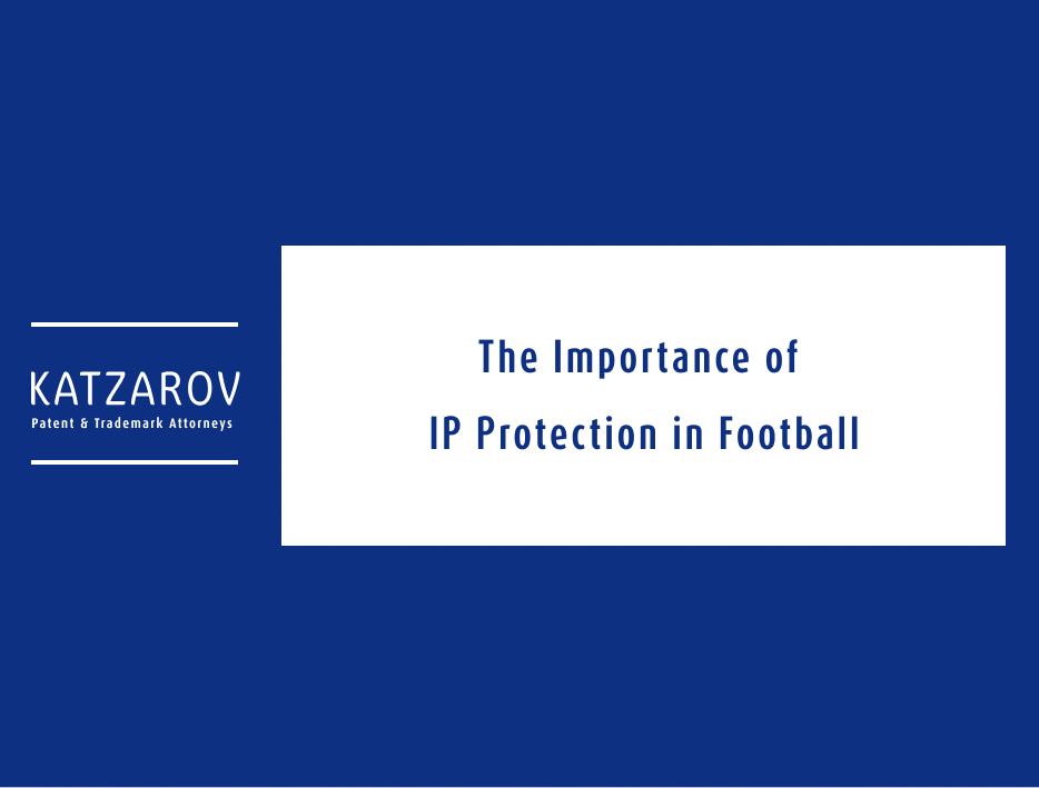 A presentation slide with a dark blue background and white text. The Katzarov logo is on the left, and the title "The Importance of IP Protection in Football" is centered within a white rectangular box.