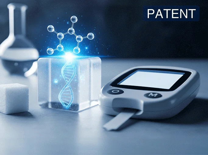 Glowing DNA helix and molecular structure inside a transparent cube, next to a medical device and laboratory glassware, representing patent protection for scientific inventions